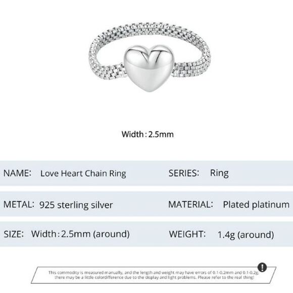 Sterling Silver Heart Ring Watchband Chain Band Size 6 to 6.25 - Picture 12 of 13